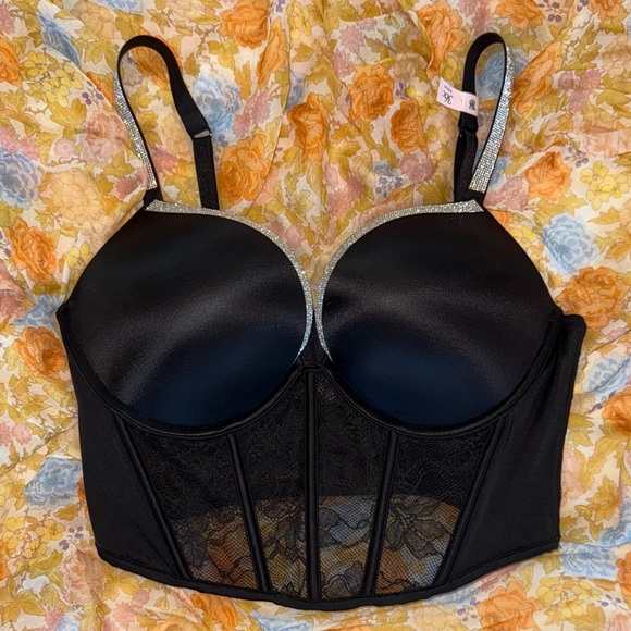Elegant Black Lace Corset Bustier With Rhinestone Trim